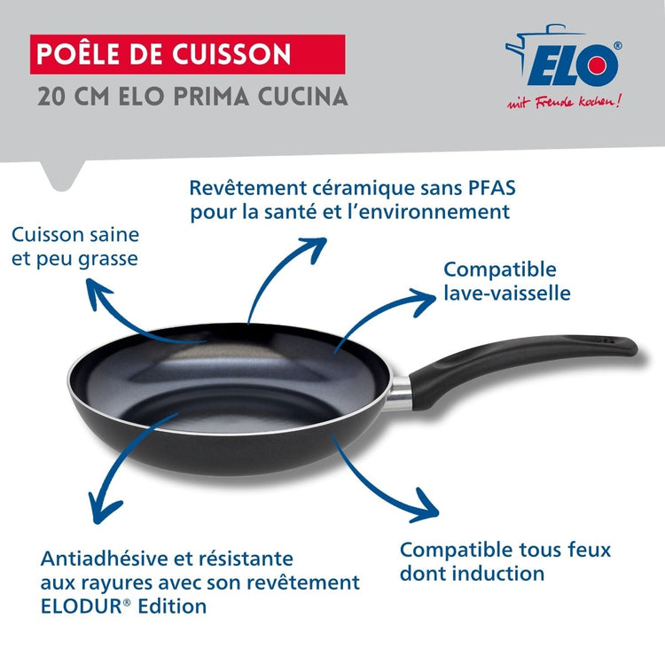 Set Poêle 20 cm avec revêtement céramique sans PFAS et couvercle Elo Prima Cucina