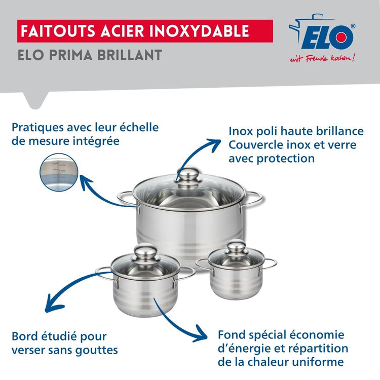 Ensemble de 1 Poêle de cuisson 28 cm et 3 faitouts 12, 14 et 24 cm Elo Profi Brillant