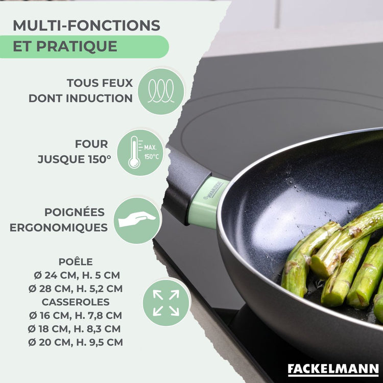 Batterie de cuisine avec 2 poêles 24/28 cm et 3 casseroles 16/18/20 cm avec 5 ustensiles de cuisine Fackelmann Brandao Océan