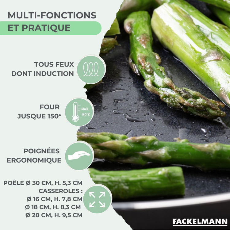 Ensemble de 1 poêle de 30 cm et 3 casseroles 16, 18 et 20 cm Fackelmann Brandao