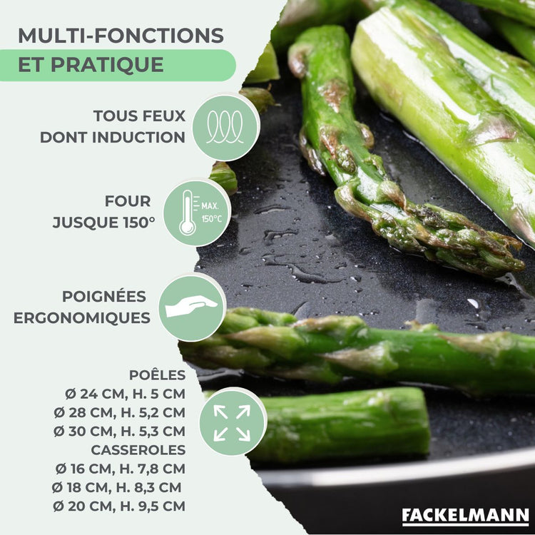 Ensemble de 3 poêles de 24, 28 et 30 cm et 3 casseroles 16, 18 et 20 cm Fackelmann Brandao