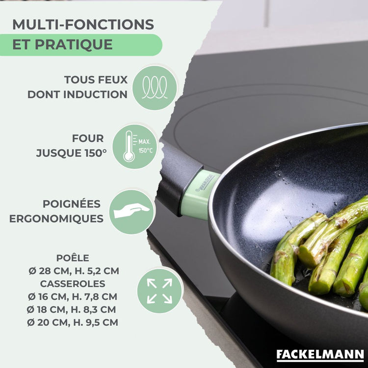 Set de 1 poêle 28 cm, 3 casseroles antiadhésives céramique 16, 18 et 20 cm et 6 ustensiles Fackelmann Brandao