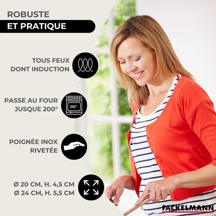 Set de 2 poêles de 20 et 24 cm en inox et 6 ustensiles inox Fackelmann Eterna