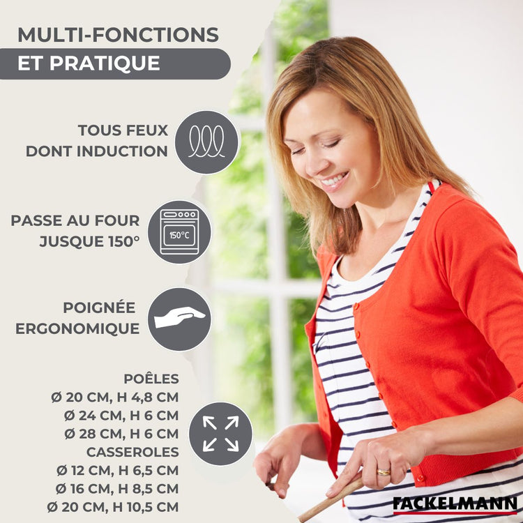 Set 3 poêles 20 24 et 28 cm, 3 casseroles en inox et 6 ustensiles inox Fackelmann Geneva