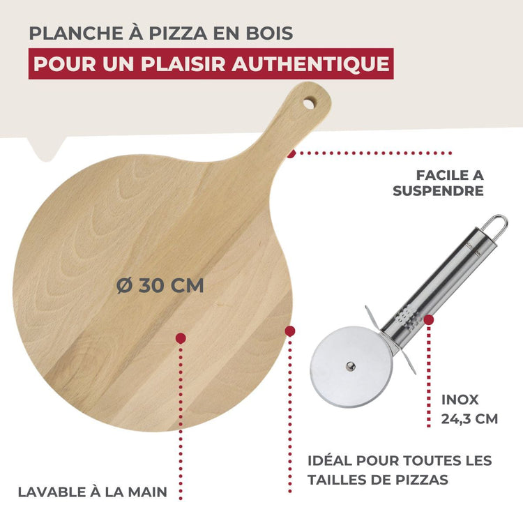 6 planches à pizza 30 cm en bois et roulette Fackelmann Boissellerie
