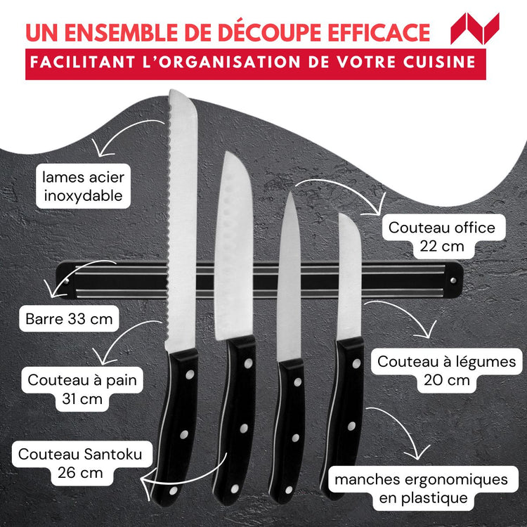 Ensemble de 4 couteaux 22 à 33 cm Nirosta Fit et 1 support mural magnétique