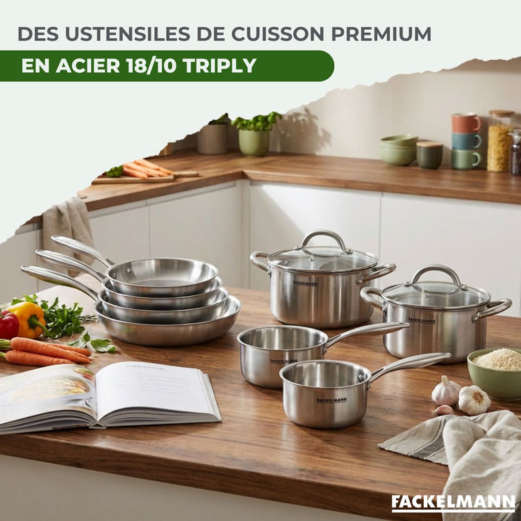 Batterie de cuisine avec 3 poêles 20/26/28 cm, 2 casseroles 14/18 cm et 2 faitouts avec 1 couvercle de cuisson universel Fackelmann Vita3
