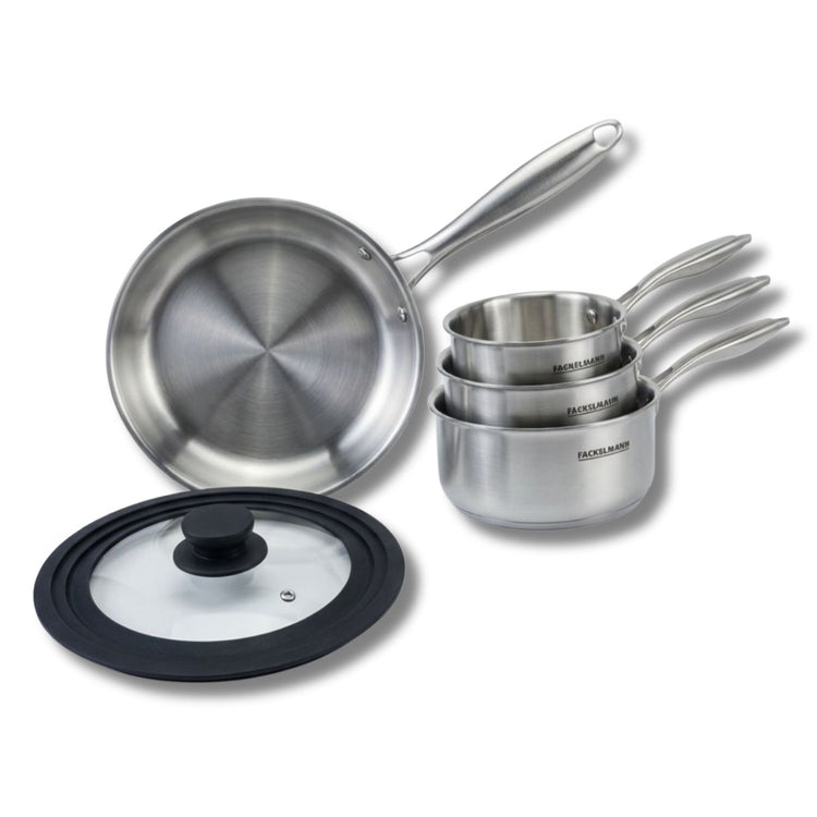 Batterie de cuisine avec 1 poêle 28 cm et 2 casseroles 14/18 cm et 1 couvercle de cuisson universel sans PFAS Fackelmann Vita3