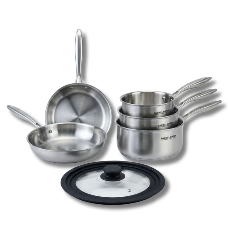 Batterie de cuisine avec 2 poêles 26/28 cm et 2 casseroles 14/18 cm avec 1 couvercle de cuisson universel sans PFAS Fackelmann Vita3