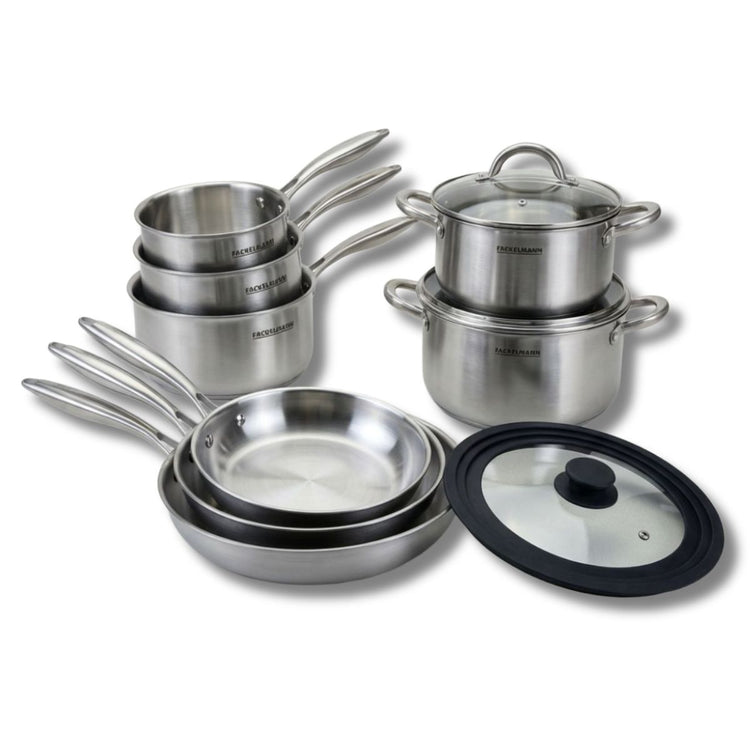 3 poêles à Frire 24 26 et 28 cm, Casseroles 14 et 18 cm, Faitouts 20 24 cm inox 18/10 Triply, Couvercle Fackelmann Vita3