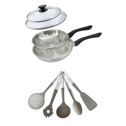 Lot de 2 Poêles en inox 20/24 cm avec couvercles Fackelmann Geneva avec 5 ustensiles de cuisine