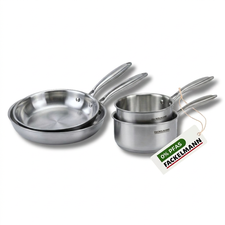Batterie de cuisine avec 2 poêles 20/28 cm et 2 casseroles 14/18 cm en acier inoxydable sans PFAS Fackelmann Vita3