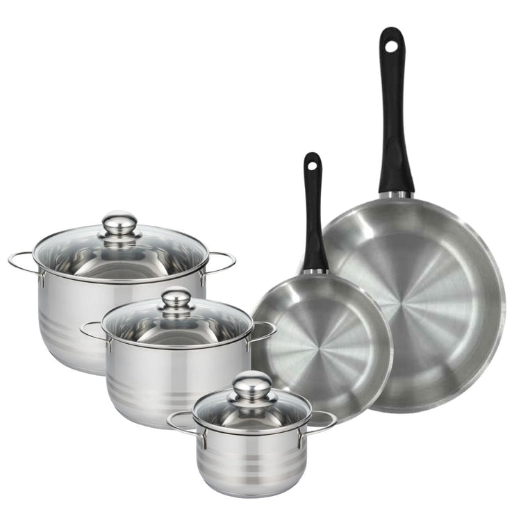 Set de 2 poêles 20 et 28 cm en inox et 3 faitouts inox 16, 20 et 24 cm Fackelmann Geneva
