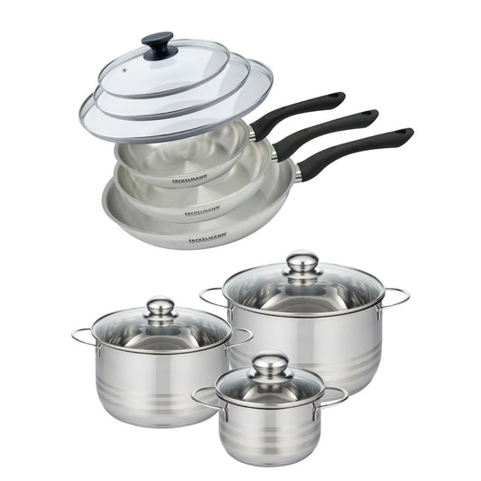Set de 3 poêles 20 24 et 28 cm en inox et couvercles, 3 faitouts inox 16, 20 et 24 cm Fackelmann Geneva