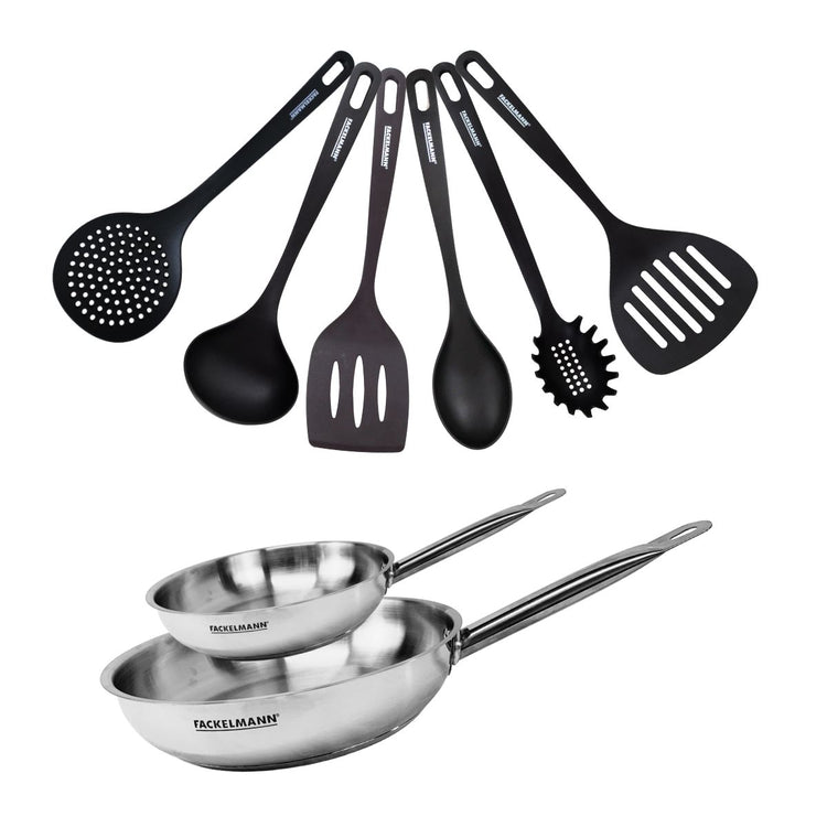 Set de 2 poêles 20 et 28 cm en inox et 6 ustensiles Fackelmann Eterna