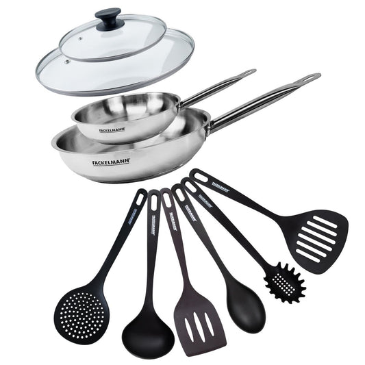 Set de 2 poêles de 20 et 28 cm en inox, 2 couvercles en verre et 6 ustensiles Fackelmann Eterna