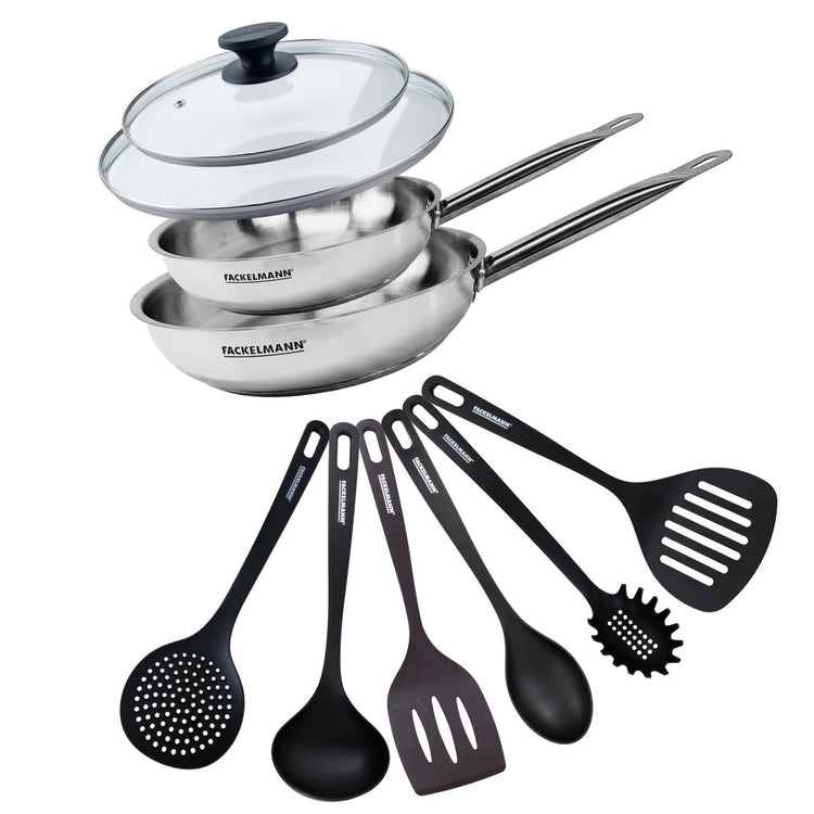 Set de 2 poêles de 24 et 28 cm en inox, 2 couvercles en verre et 6 ustensiles Fackelmann Eterna