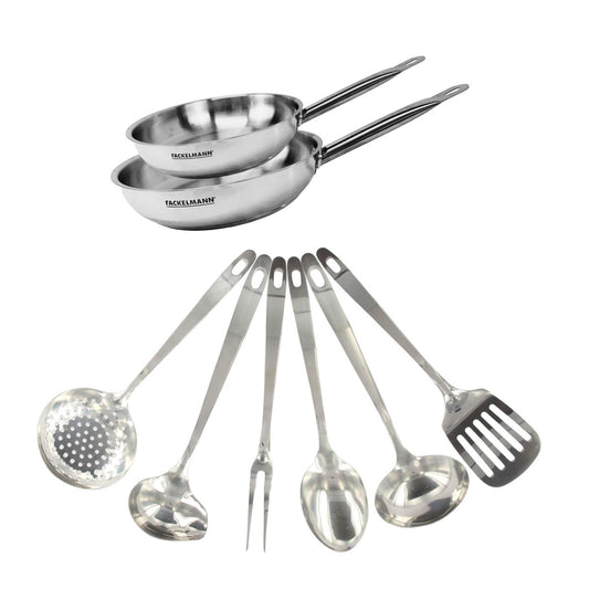 Set de 2 poêles de 20 et 24 cm en inox et 6 ustensiles inox Fackelmann Eterna