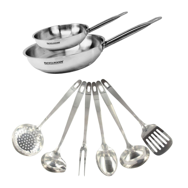Set de 2 poêles de 20 et 28 cm en inox et 6 ustensiles inox Fackelmann Eterna
