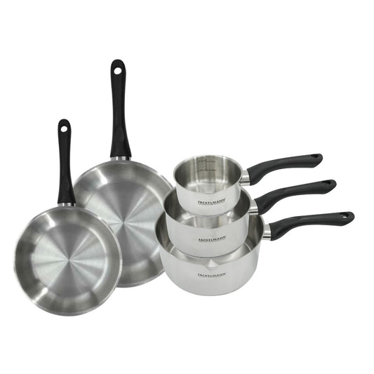 Set 2 poêles 20 et 24 cm et 3 casseroles 12 16 et 20 cm en inox Fackelmann Geneva