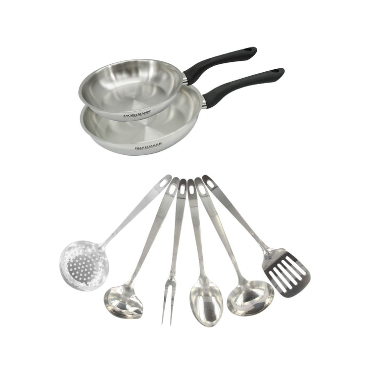 Set 2 poêles 20 et 24 cm en inox et 6 ustensiles inox Fackelmann Geneva