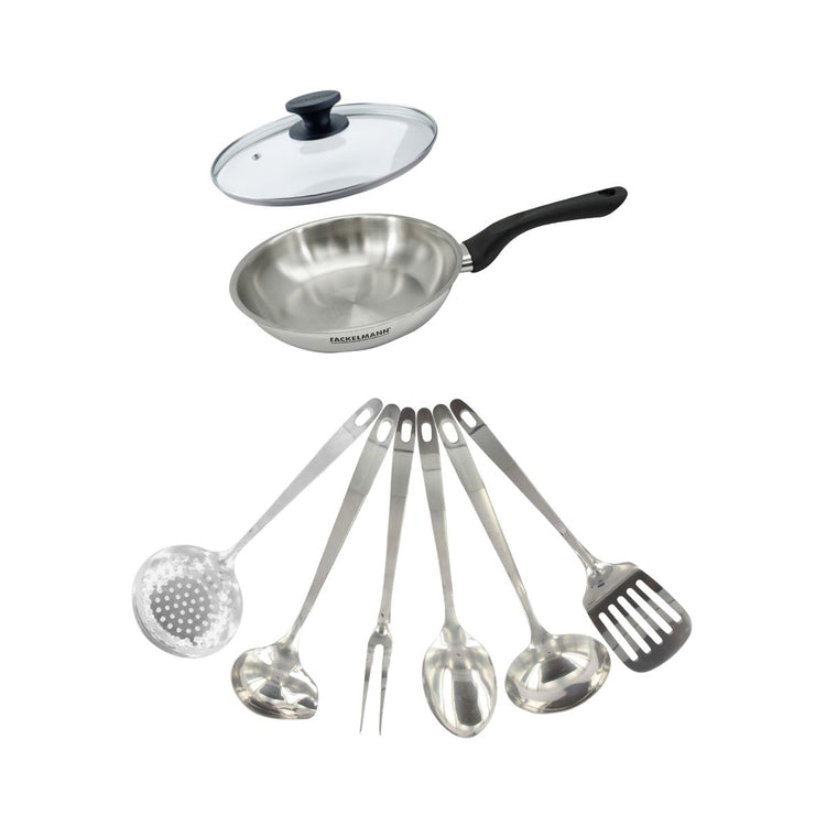 Set poêle 20 cm en inox, couvercle verre et 6 ustensiles inox Fackelmann Geneva