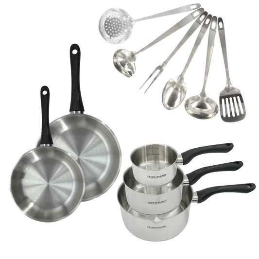 Set 2 poêles 20 et 24 cm, 3 casseroles en inox et 6 ustensiles inox Fackelmann Geneva