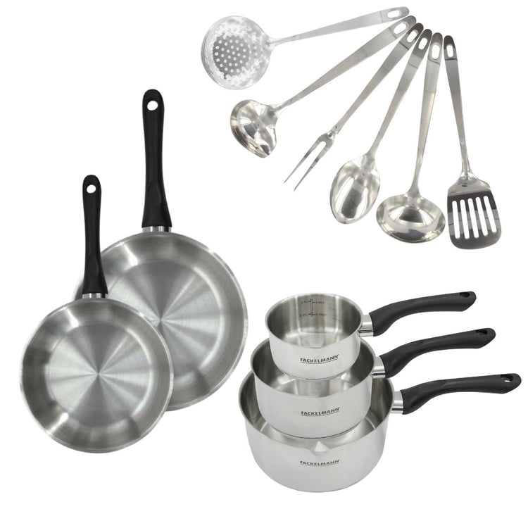 Set 2 poêles 20 et 24 cm, 3 casseroles en inox et 6 ustensiles inox Fackelmann Geneva