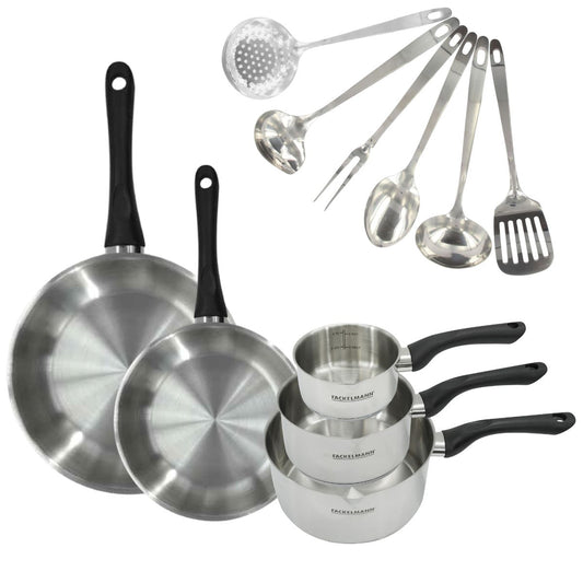 Set 2 poêles 24 et 28 cm, 3 casseroles en inox et 6 ustensiles inox Fackelmann Geneva