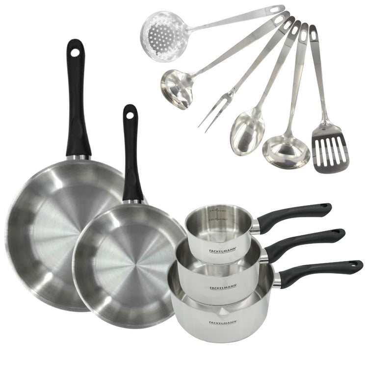 Set 2 poêles 24 et 28 cm, 3 casseroles en inox et 6 ustensiles inox Fackelmann Geneva