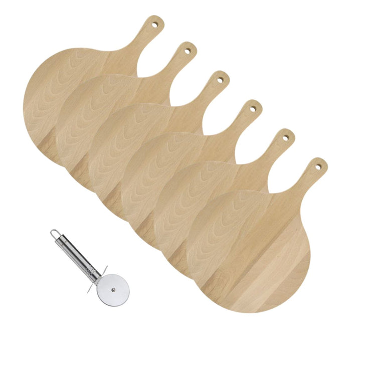 6 planches à pizza 30 cm en bois et roulette Fackelmann Boissellerie