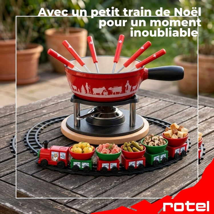 Service à fondue au fromage 6 personnes avec train de table de Noël Rotel