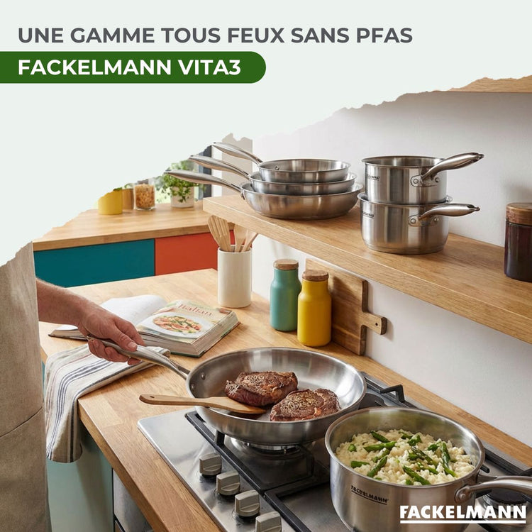 Batterie de cuisine avec 1 poêle 20 cm et 2 casseroles 14/18 cm avec 1 couvercle de cuisson universel sans PFAS Fackelmann Vita3