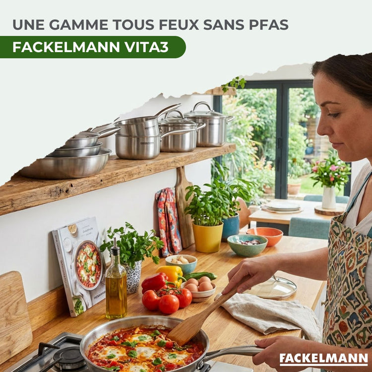 Batterie de cuisine avec 1 poêle 24 cm 3 casseroles 14/18 cm et 1 couvercle de cuisson universel sans PFAS Fackelmann Vita3