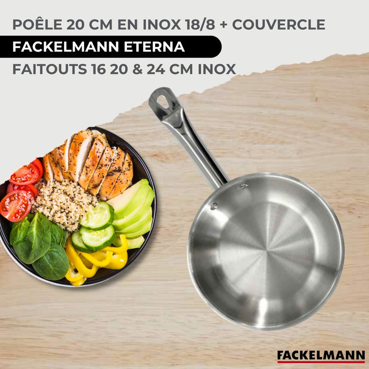 Batterie de cuisine avec 1 poêle 20 cm et 3 faitouts 20/24/16 cm avec 7 ustensiles de cuisine Fackelmann Etherna Brillant Oxford avec couvercles
