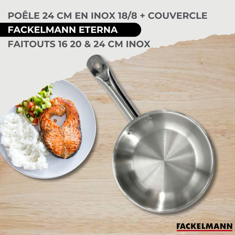Set 1 poêle 24 cm en inox et couvercle, 3 faitouts inox 16, 20 et 24 cm et 6 ustensiles inox Fackelmann Eterna