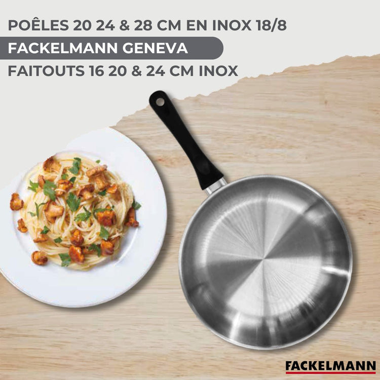 Set de 3 poêles 20, 24 et 28 cm en inox et 3 faitouts inox 16, 20 et 24 cm Fackelmann Geneva