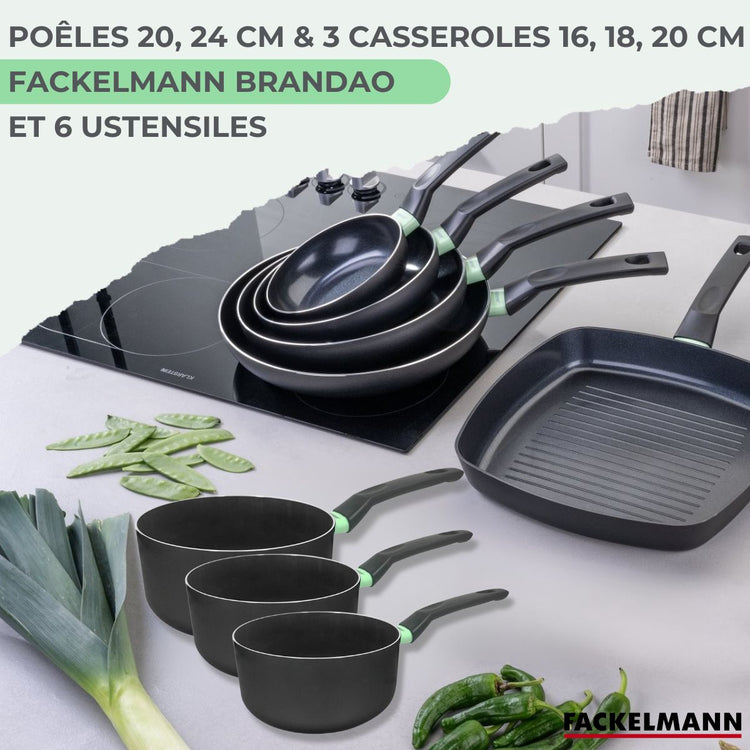 Set de 2 poêles 20 et 24 cm, 3 casseroles céramique 16, 18 et 20 cm et 6 ustensiles Fackelmann Brandao