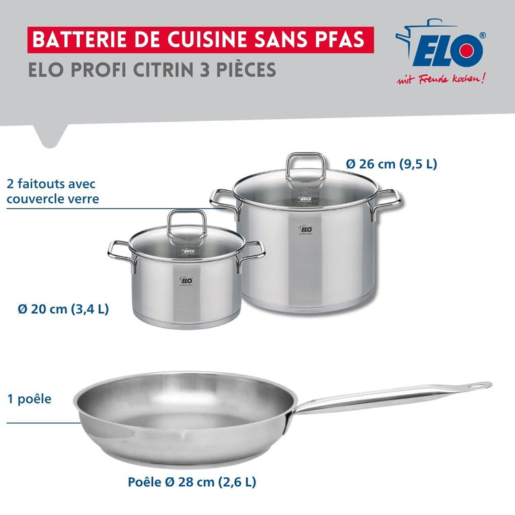 Ensemble de 1 Poêle de cuisson 28 cm et 2 faitouts 20 et 26 cm Elo Profi Citrin