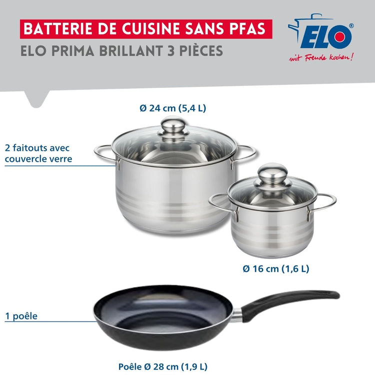 Ensemble de 1 Poêle de cuisson 28 cm et 2 faitouts 16 et 24 cm Elo Prima Brillant