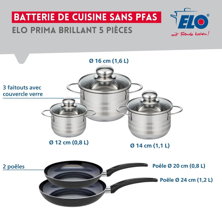 Ensemble de 2 Poêles de cuisson 20 et 24 cm et 3 faitouts 12, 14 et 16 cm Elo Prima Brillant