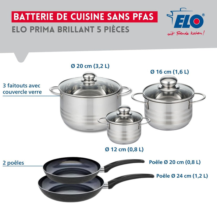 Ensemble de 2 Poêles de cuisson 20 et 24 cm et 3 faitouts 12, 16 et 20 cm Elo Prima Brillant