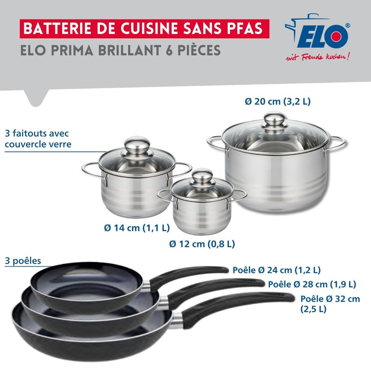 Ensemble de 3 Poêles de cuisson 24, 28 et 32 cm et 3 faitouts 12, 14 et 20 cm Elo Prima Brillant