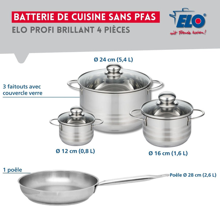 Ensemble de 1 Poêle de cuisson 28 cm et 3 faitouts 12, 16 et 24 cm Elo Profi Brillant