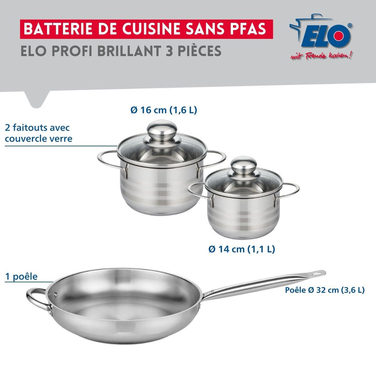Ensemble de 1 Poêle de cuisson 32 cm et 2 faitouts 14 et 16 cm Elo Profi Brillant