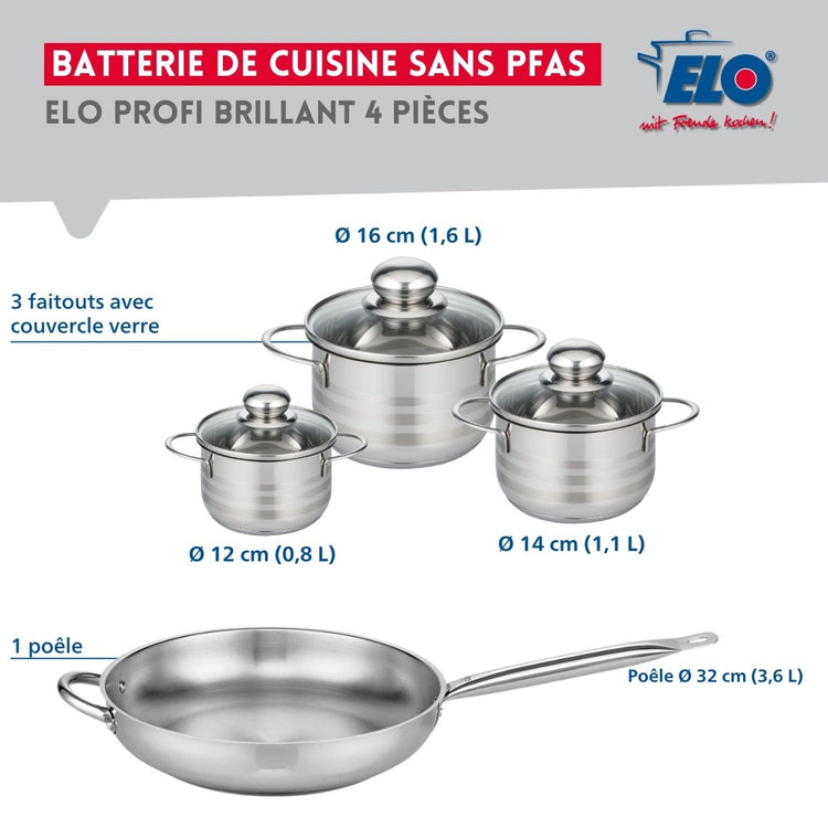 Ensemble de 1 Poêle de cuisson 32 cm et 3 faitouts 12, 14 et 16 cm Elo Profi Brillant