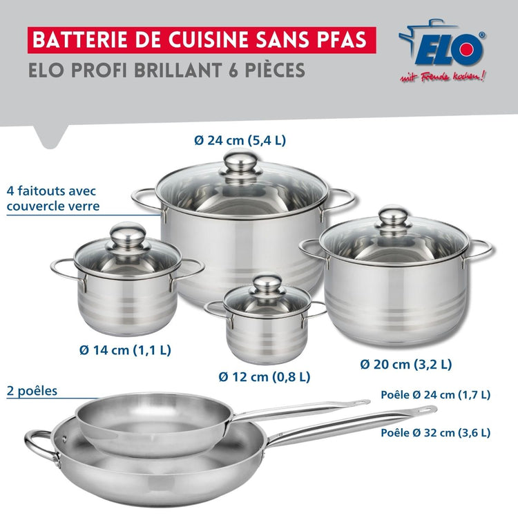 Ensemble de 2 Poêles de cuisson 24 et 32 cm et 4 faitouts 12, 14, 20 et 24 cm Elo Profi Brillant