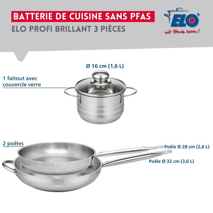 Ensemble de 2 Poêles de cuisson 28 et 32 cm et 1 faitout 16 cm Elo Profi Brillant