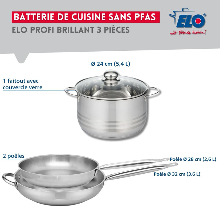 Ensemble de 2 Poêles de cuisson 28 et 32 cm et 1 faitout 24 cm Elo Profi Brillant
