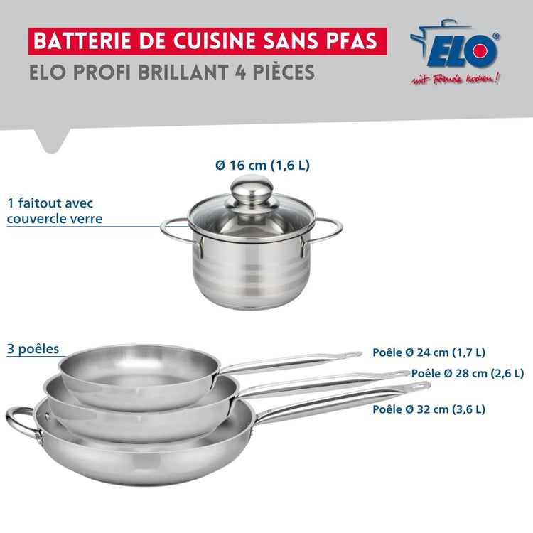 Ensemble de 3 Poêles de cuisson 24, 28 et 32 cm et 1 faitout 16 cm Elo Profi Brillant